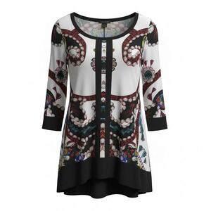 Eva Varro Women Tunic Top XL White Multi Graphic Art To Wear 3/4 Sleeve Artsy